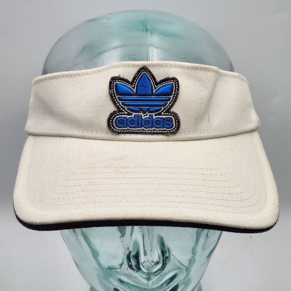 Adidas Vintage Cream Cotton Flex Visor Cap Hat Blue Embroidered Logo LG-XL